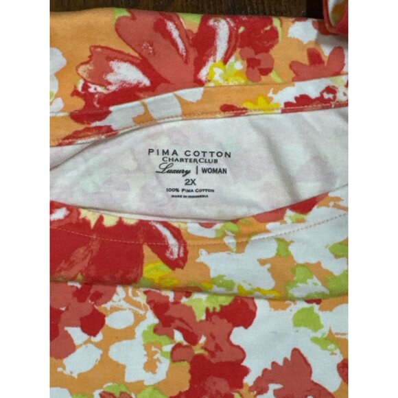 Charter Club Top Womens Floral Print Pima Cotton T-Shirt 2X Short Sleeve Orange - Picture 4 of 6